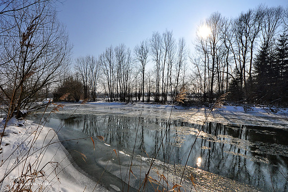 Winter Sun over the icy river Vöckla