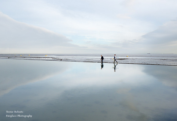 "Walking in the clouds" . Two young crab fishermen at Shoeburyness  East beach- - Favourite foto !