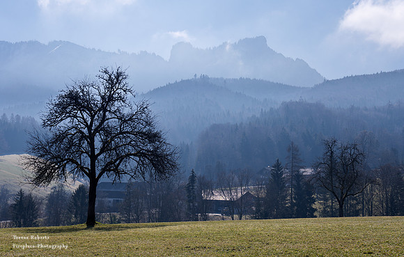 View of the blue misty layers below Grünberg