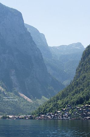 Misty mountains around lake Hallstatt